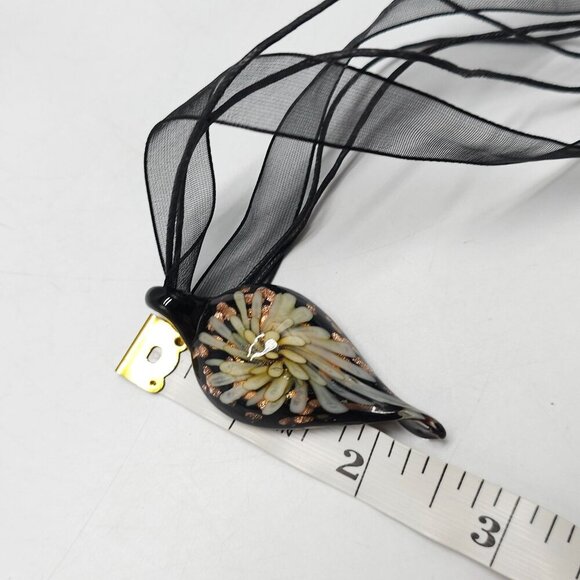 Handcrafted Black Glass Pendant Necklace With Yellow Floral On Sheer Ribbon Cord - Picture 7 of 7